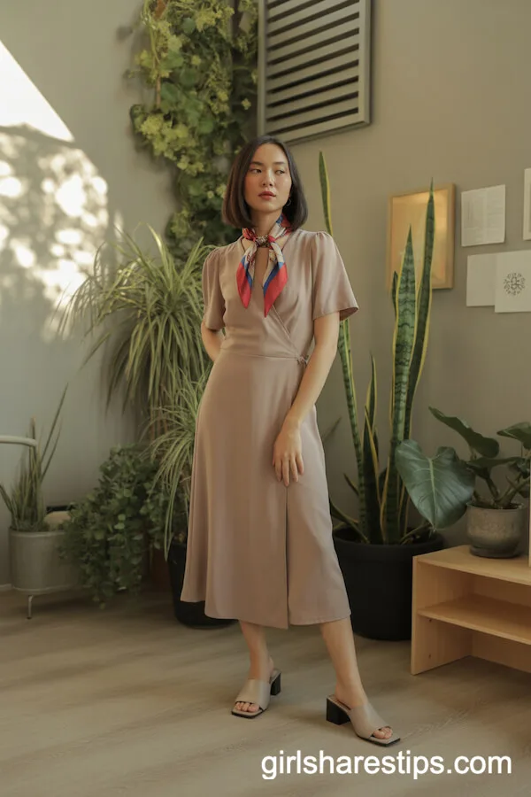Midi-Length Wrap Dress and Colorful Silk Scarf Outfit