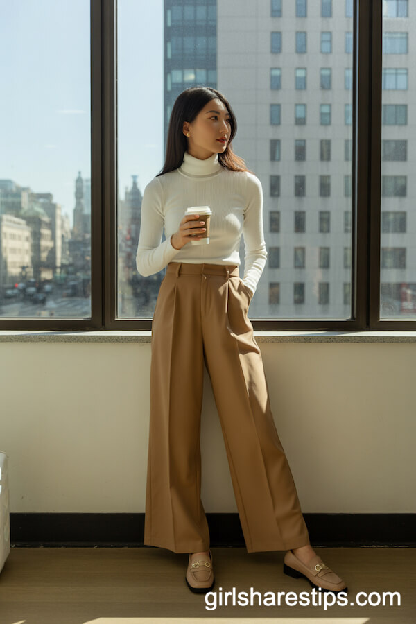 White Fitted Turtleneck Sweater and Camel Wide-Leg Trousers Outfit