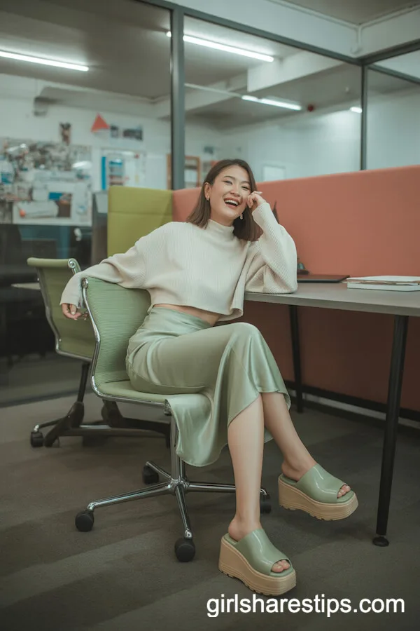 Cropped White Sweater and Sage Green Satin Midi Skirt Outfit