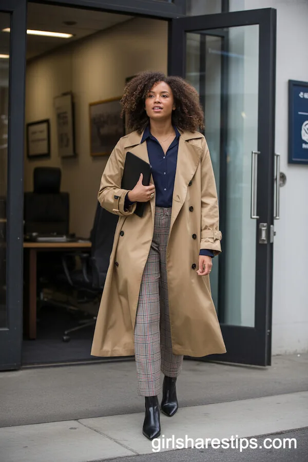 Classic Camel Trench Coat and Plaid Trousers Outfit