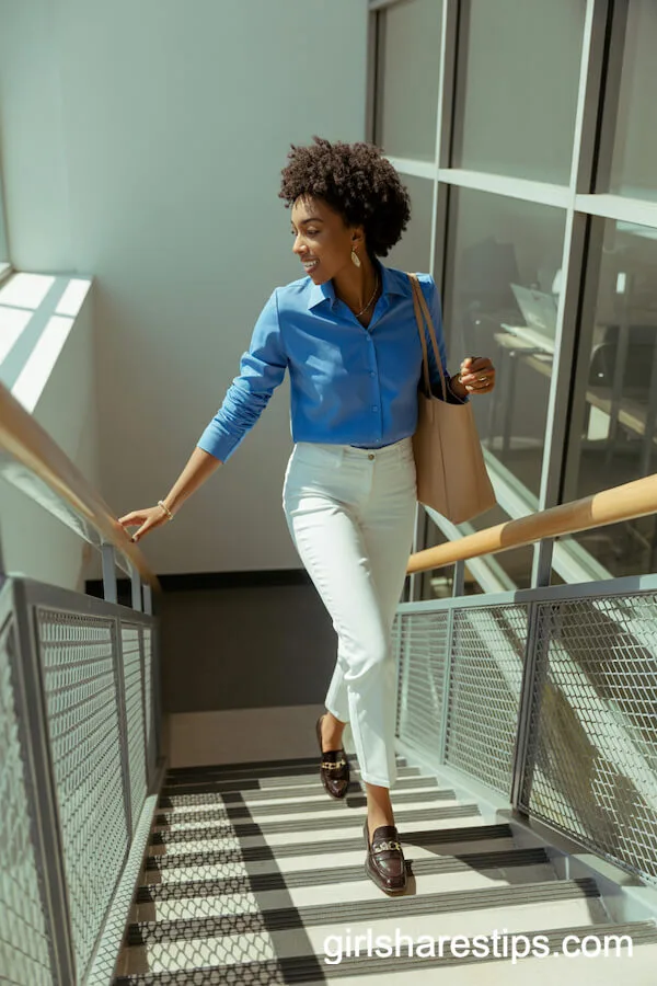 Blue Button-Down Shirt Slim White Ankle Pants