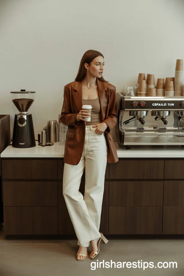 Brown Leather Blazer and Cream White Jeans Outfit
