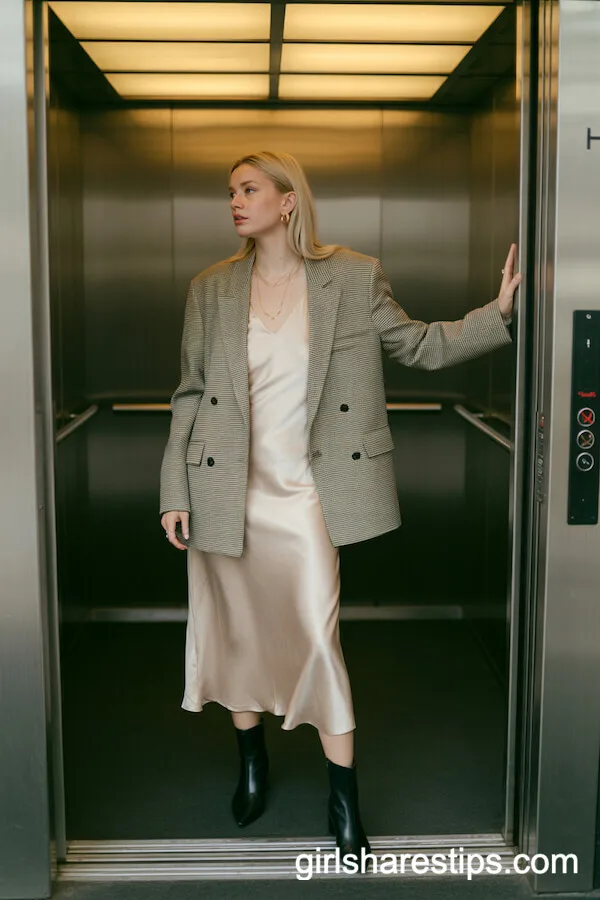 Structured Checkered Blazer over Silk Slip Dress Outfit