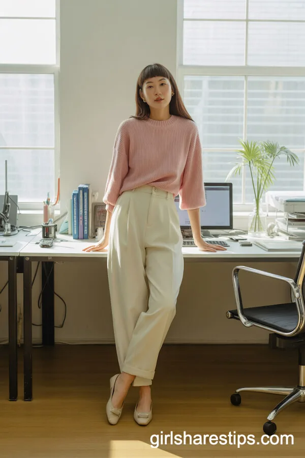 Pastel Pink Cashmere Sweater and Cream Trousers Outfit