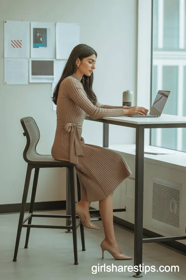Fitted Mocha Knit Dress with Waist Tie Outfit