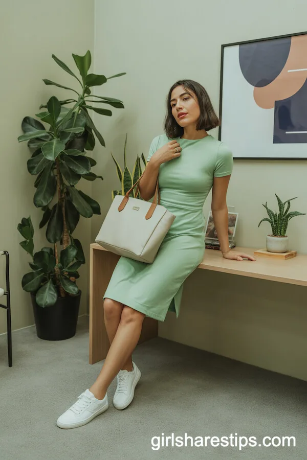 Pastel Green Modern Sheath Dress and White Sneakers Outfit