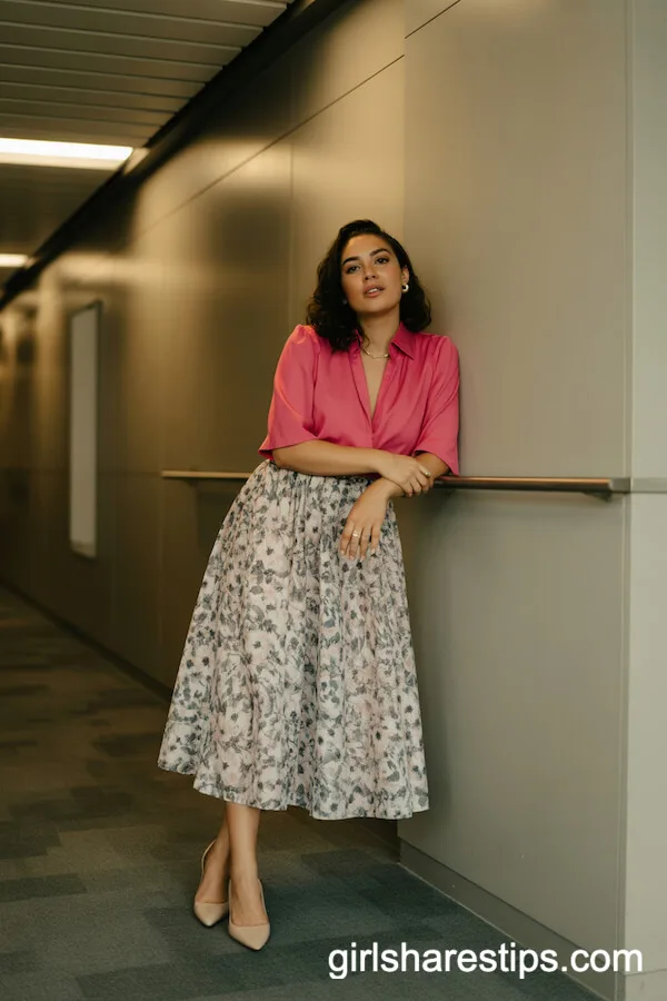 Flowy Floral Midi Skirt and Bold Blouse Outfit