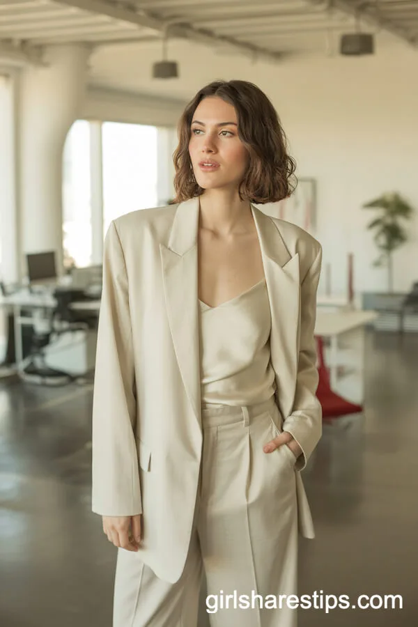 Light Beige Monochrome Suit and Silk Camisole Outfit