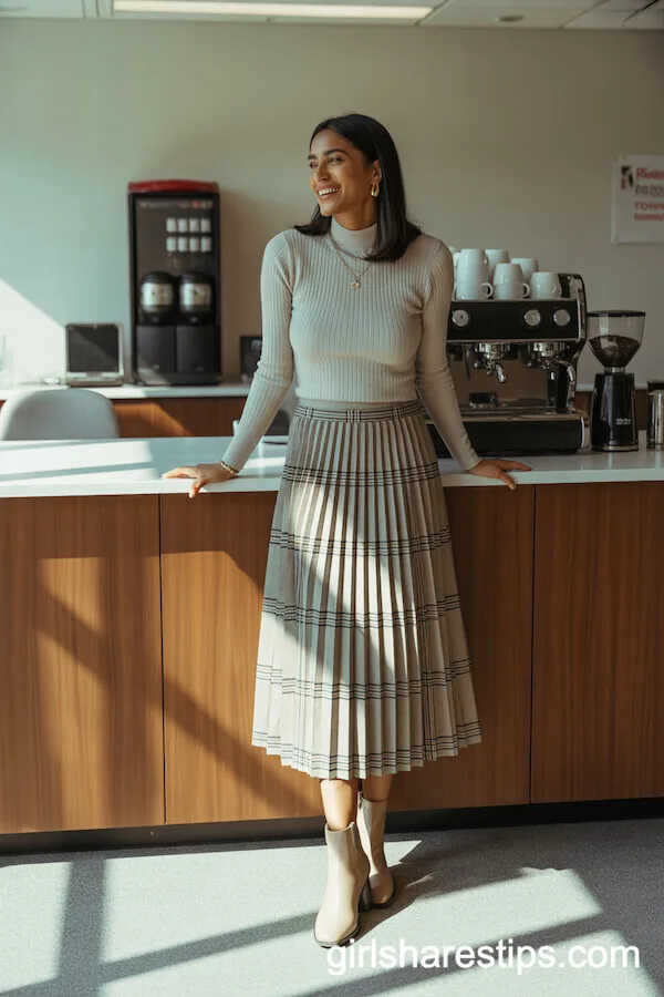 Fitted Neutral Knit Top and Plaid Pleated Skirt Outfit
