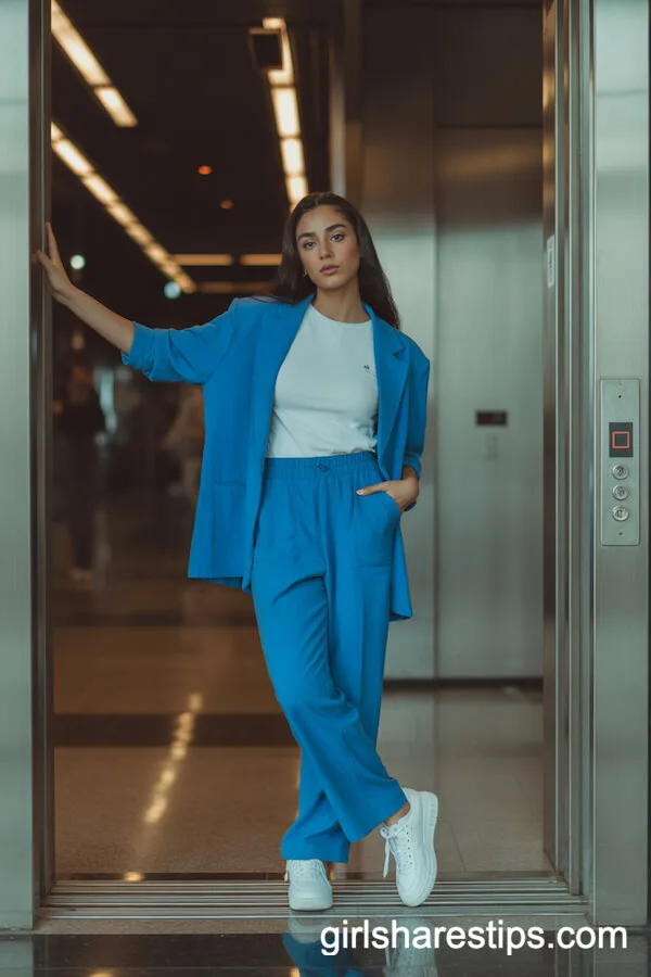 Bold Blue Pantsuit and White Sneakers Outfit