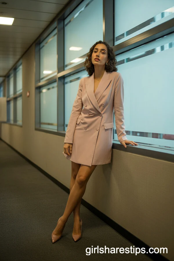 Blush Pink Double-Breasted Blazer Dress Outfit