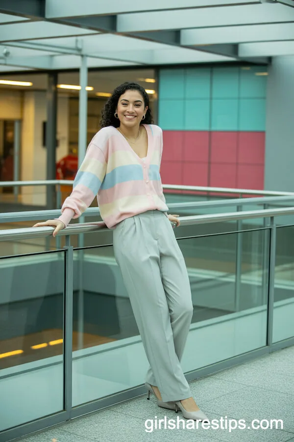Pastel Cardigan and Light Gray Tailored Trousers Outfit