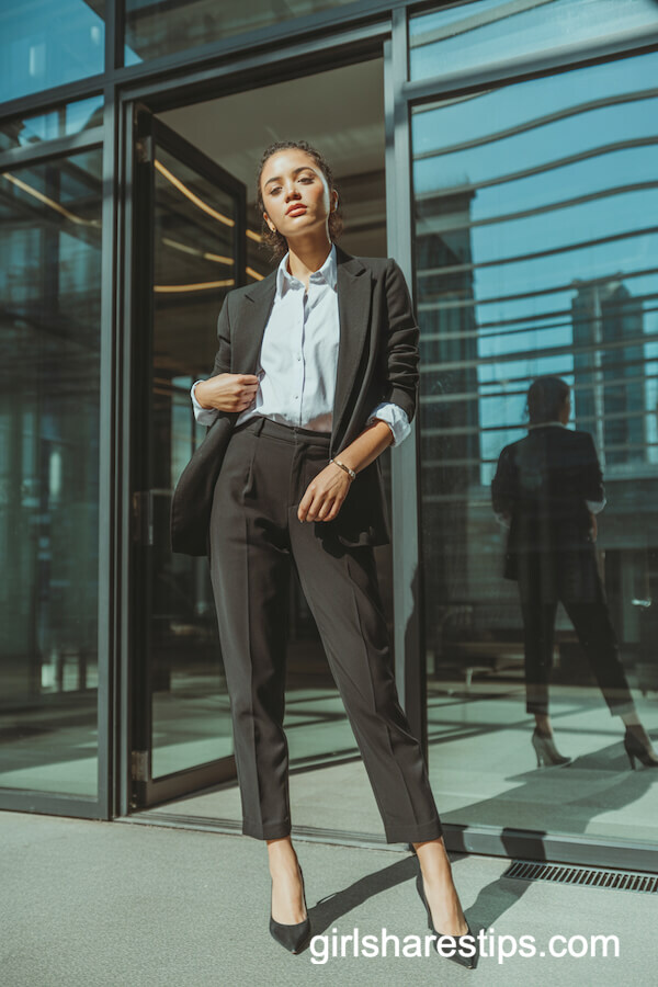 Fitted Black Blazer with Crisp White Shirt and Tailored Trousers