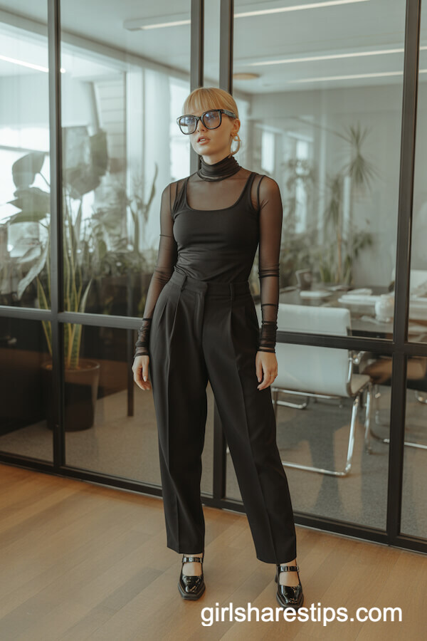 Black Mesh Turtleneck Layered over Opaque Tank Top