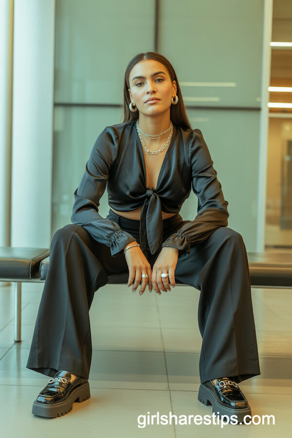 Silky Black Blouse with Tie Neck and Wide-Leg Slacks