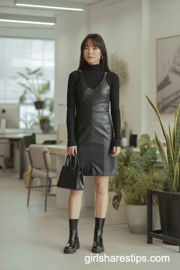 Black Faux Leather Dress Layered over Turtleneck