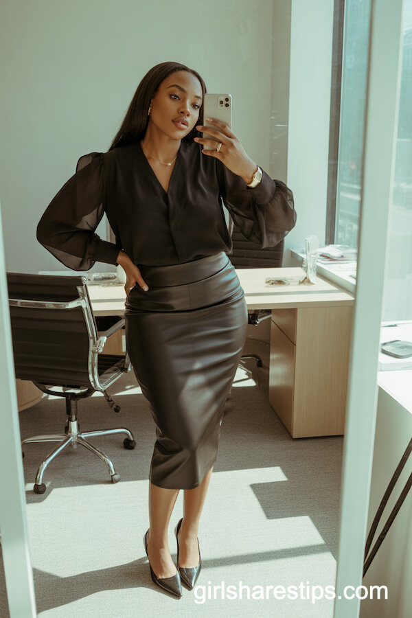 Black Blouse with Sheer Sleeves and Midi Pencil Skirt
