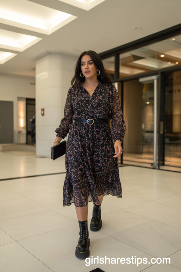 Dark Floral Midi Dress with Chunky Combat Boots