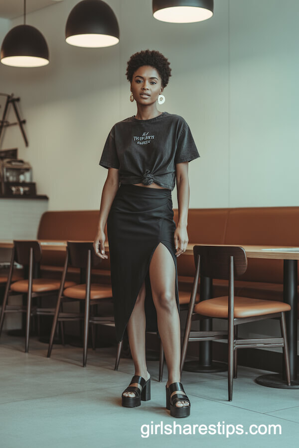 Black Asymmetric Skirt with Graphic Tee