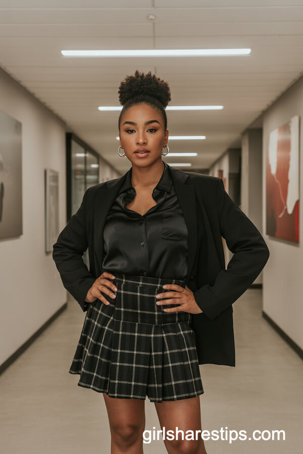 Dark Plaid Skirt with Black Blouse and Blazer