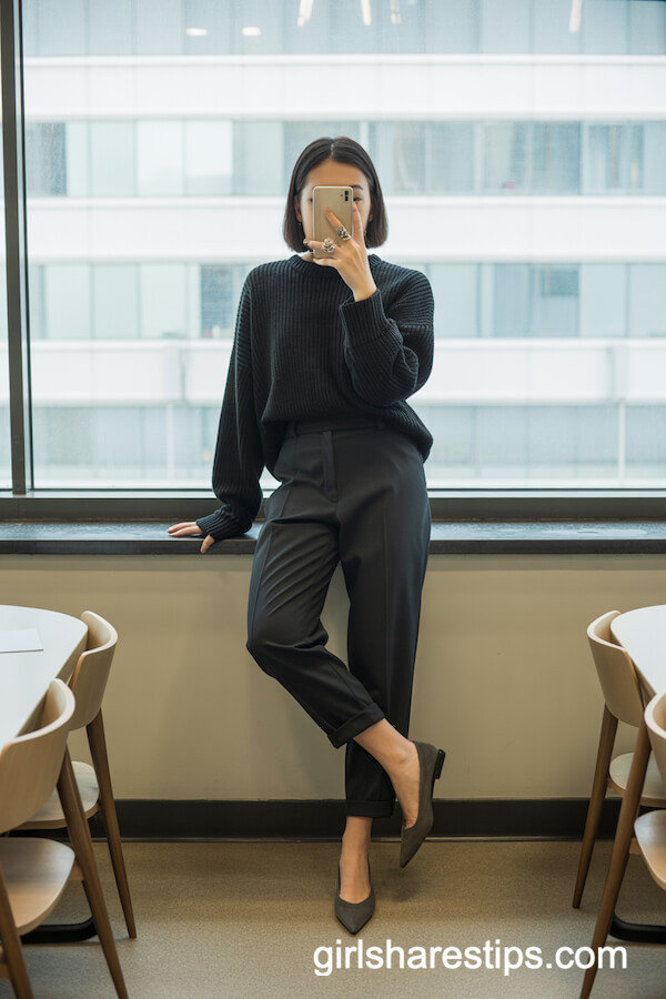 Oversized Black Knit Sweater with Sleek Trousers