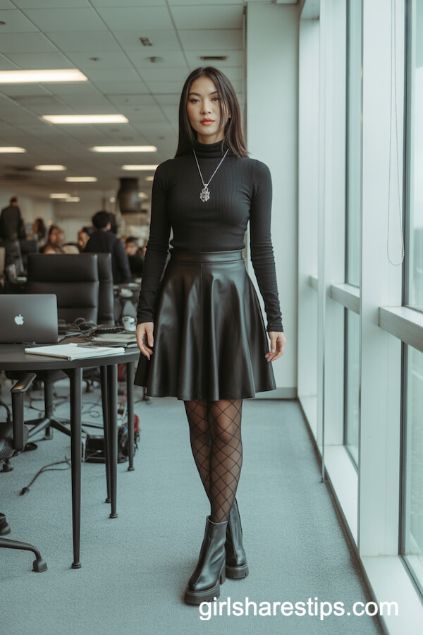 Fitted Black Turtleneck with A-Line Leather Skirt