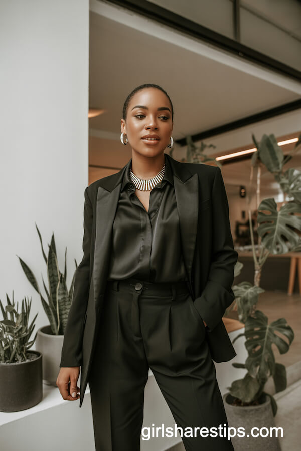 Sleek Black Suit with Bold Silver Jewelry
