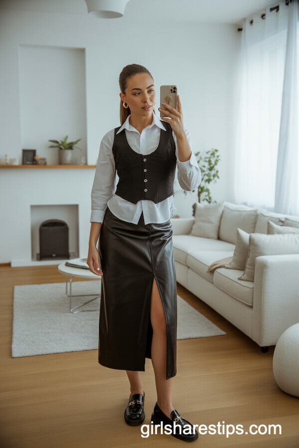 White Shirt under Black Corset Vest with Slit Midi Skirt