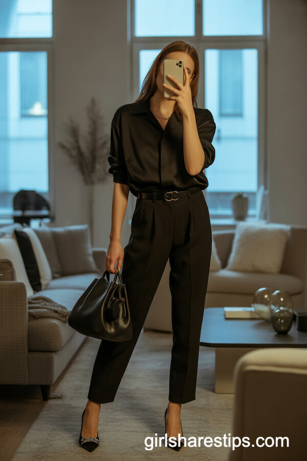 Loose-Fitting Black Blouse with High-Waisted Tailored Pants
