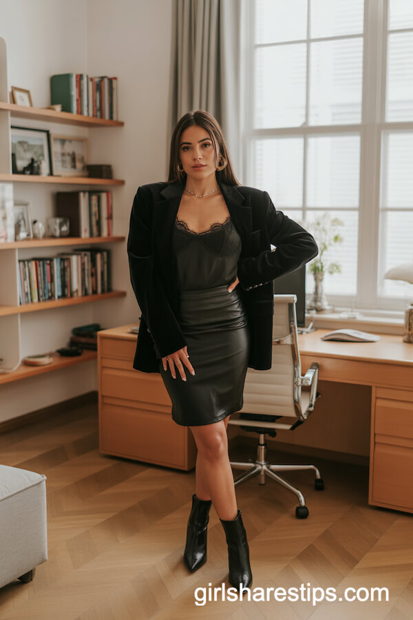 Tailored Black Velvet Blazer with Black Lace Camisole