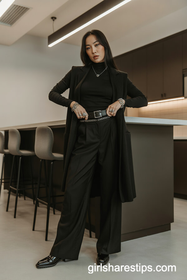 Layered Black Vest over Turtleneck and Wide-Leg Trousers