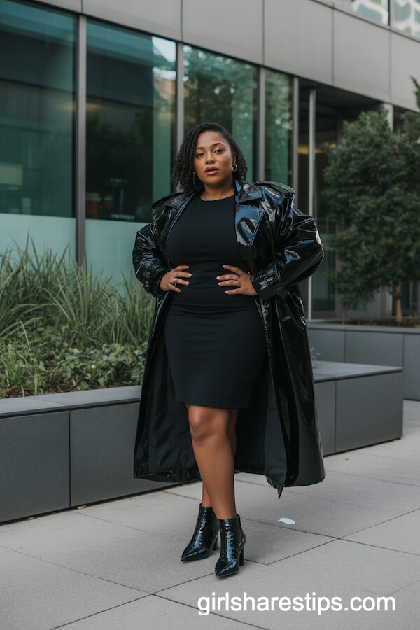 Fitted Knee-Length Black Dress with Patent Leather Trench Coat