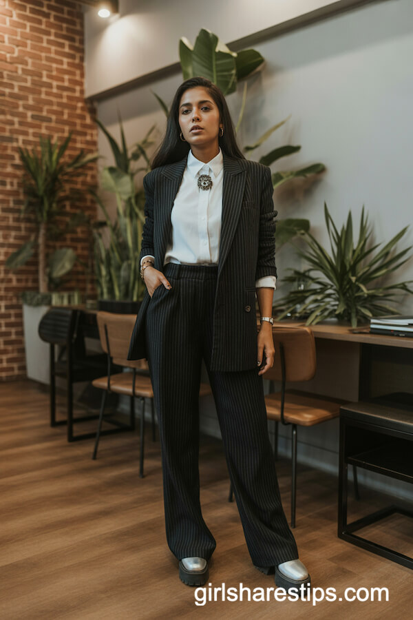 Sharp Black Pinstripe Pantsuit with Gothic Brooch