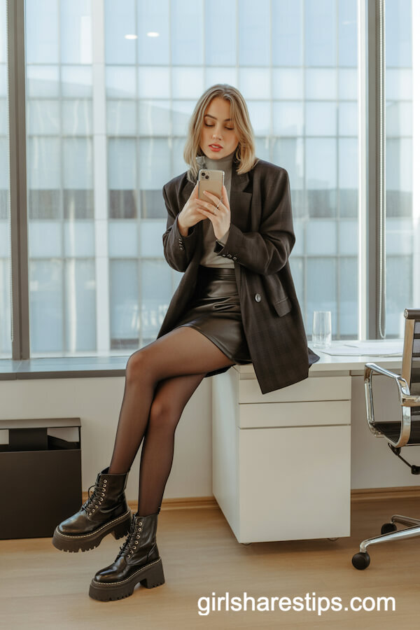 Black Leather Mini Skirt with Oversized Checked Blazer