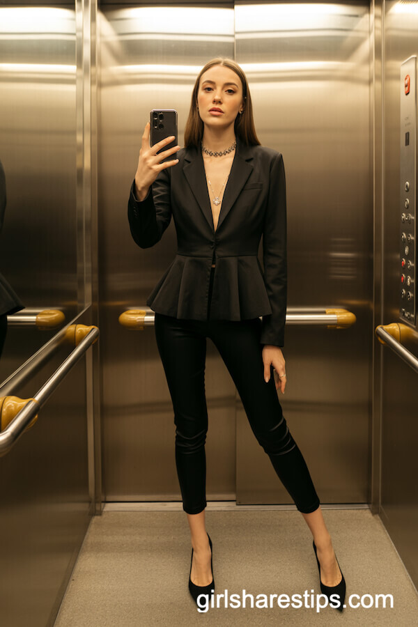 Tailored Black Peplum Blazer with Gothic Necklace