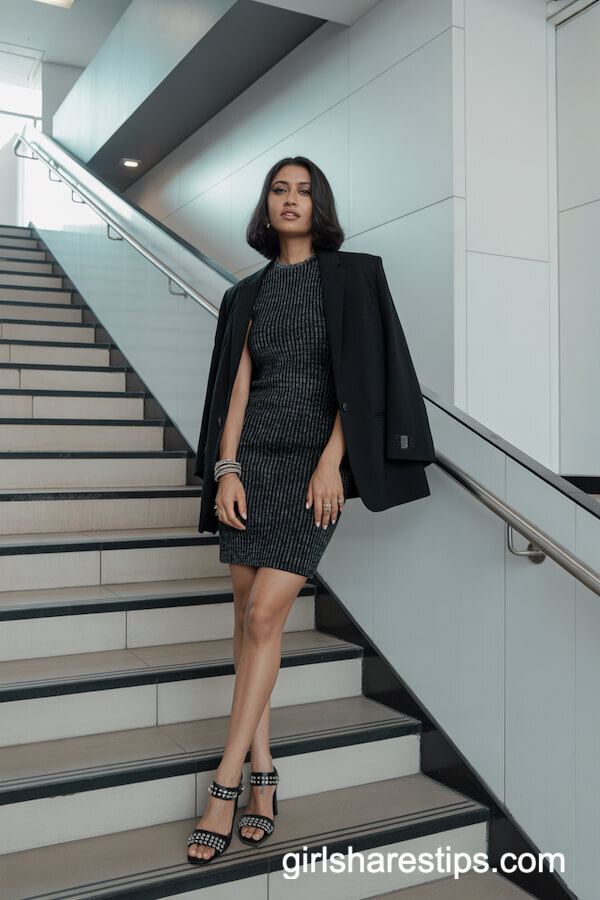 Textured Black Knit Dress under Black Blazer