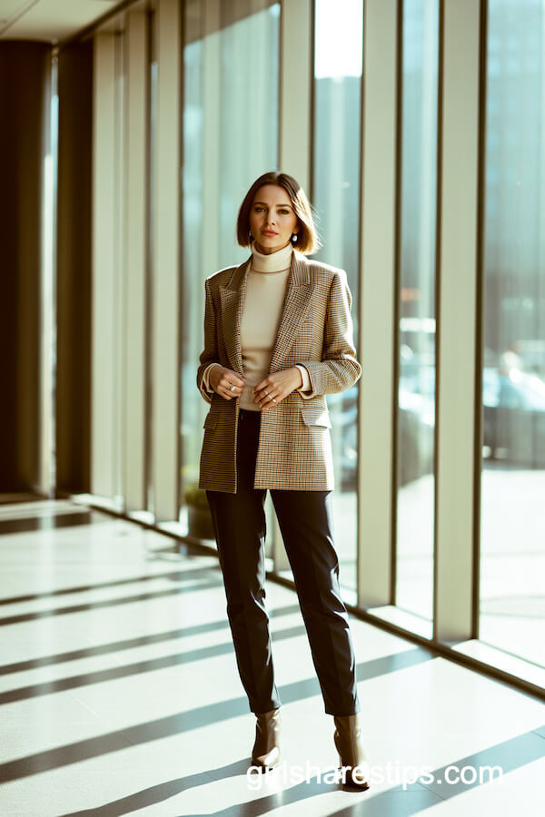 Plaid Blazer With Turtleneck and Black Pants