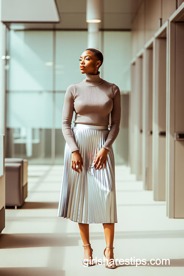 Metallic Pleated Skirt and Fitted Turtleneck