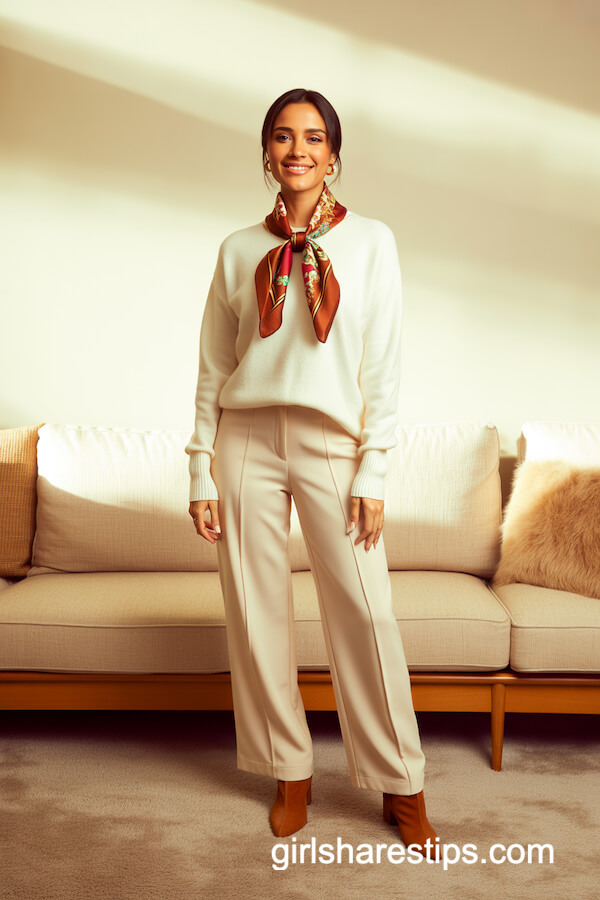 Cream Sweater and Tailored Pants With Printed Scarf