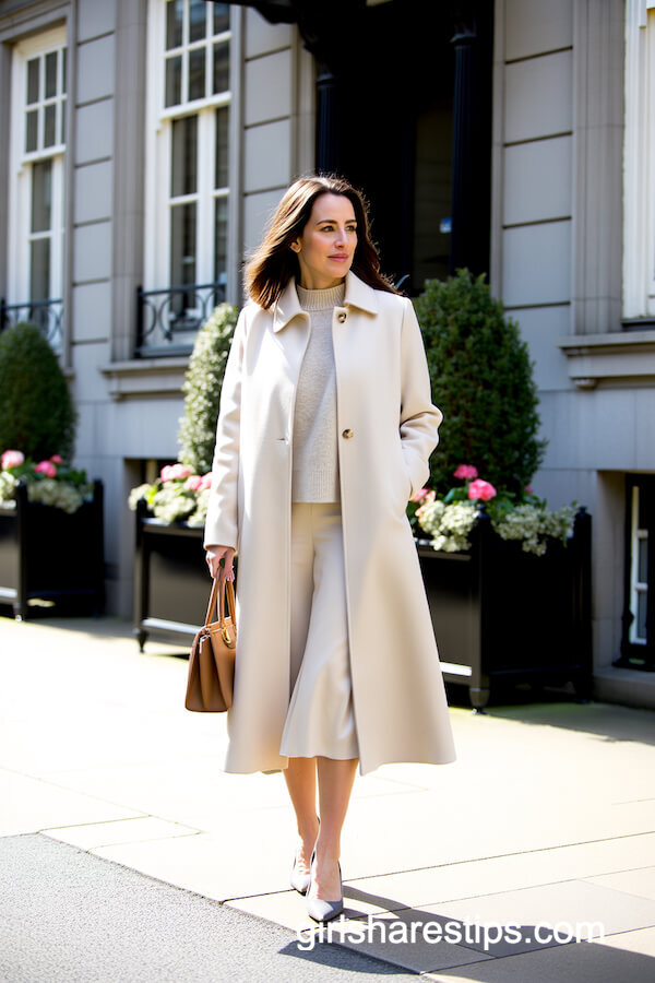Cream Wool Coat and Midi Skirt Ensemble