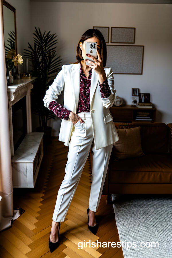 White Blazer and Burgundy Floral Blouse Combo