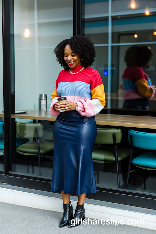 color blocked knit sweater and navy midi skirt