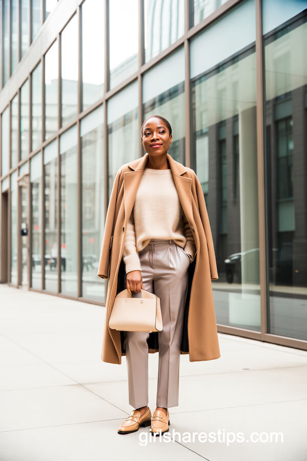 Camel Wool Coat and Slim Gray Trousers