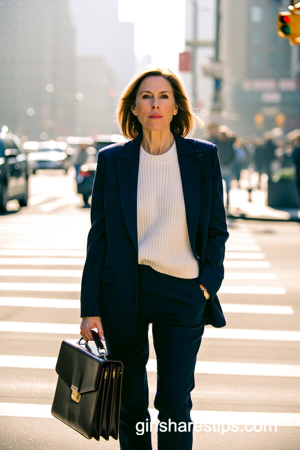Navy Suit With Chunky White Sweater