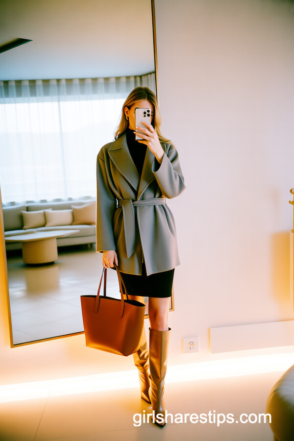 Gray Wrap Coat Over Black Turtleneck Dress