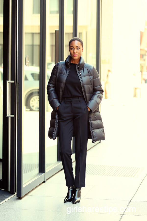 Long Puffer Jacket and Tailored Trousers