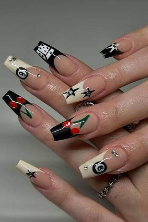 Edgy Black Star and Cherries Nail Design