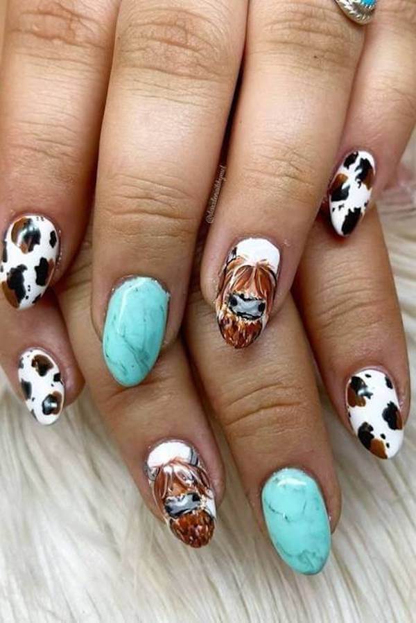 Turquoise and Cow Print Ranch Nails