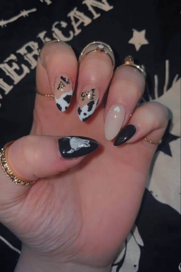 Cow Print and Black Western Accent Nails