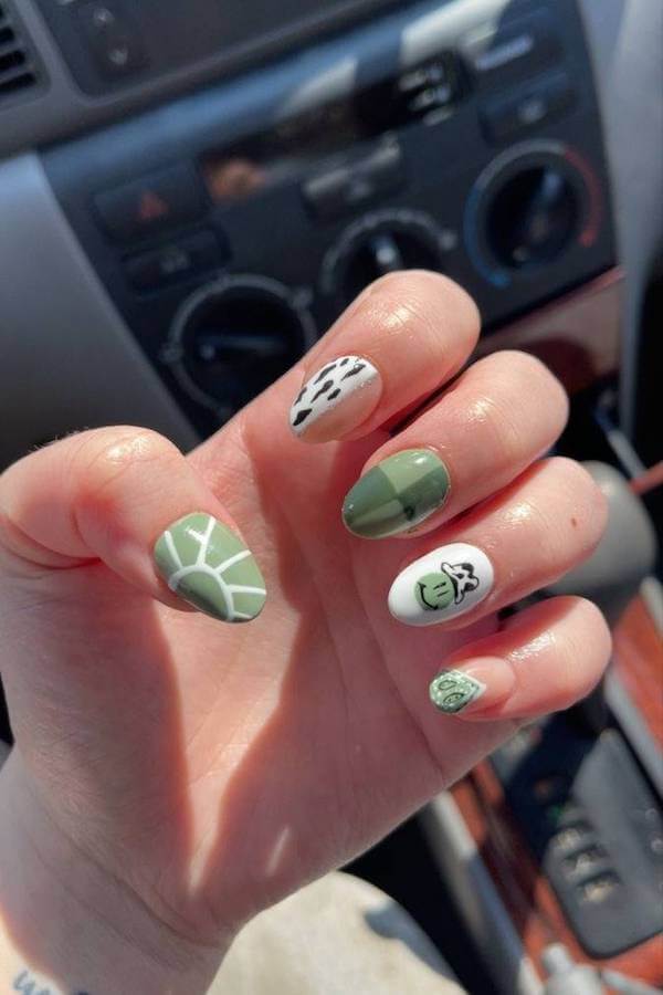 Green Cactus and Cow Print Country Nails